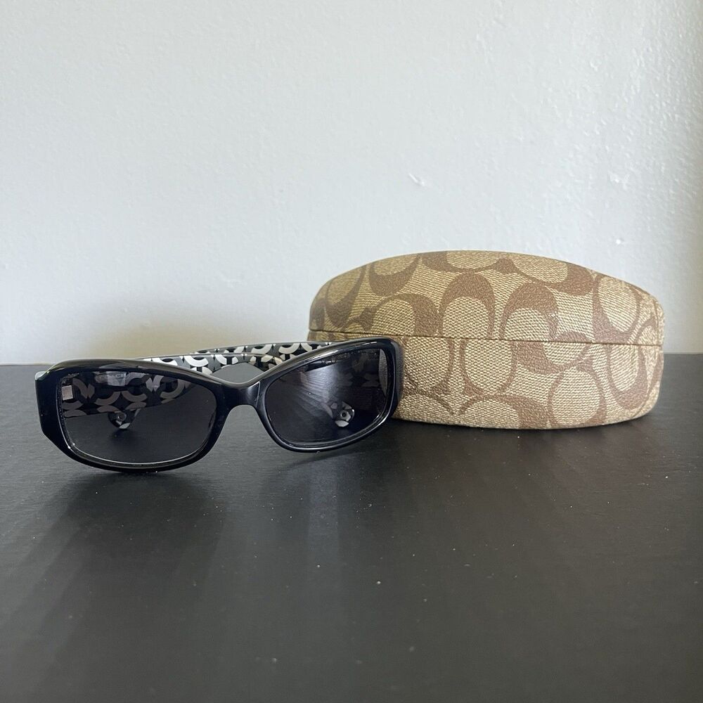 Coach S2009 Women Black Rectangle Silver Logo Sunglasses + Brown Signature Case